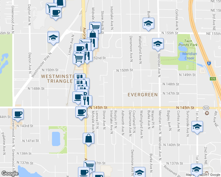 map of restaurants, bars, coffee shops, grocery stores, and more near 14801 Interlake Avenue North in Shoreline