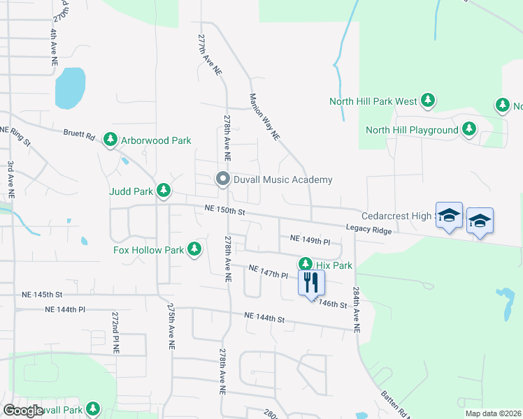 map of restaurants, bars, coffee shops, grocery stores, and more near 27927 Northeast 151st Street in Duvall