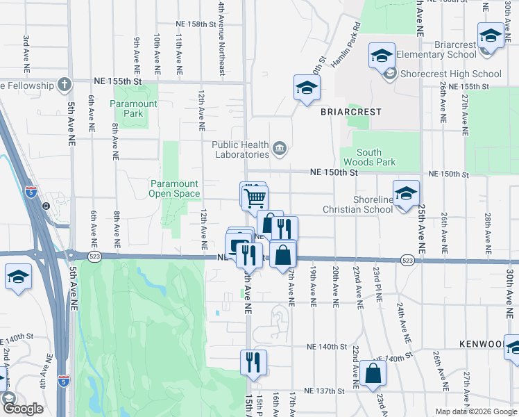 map of restaurants, bars, coffee shops, grocery stores, and more near 1528 Northeast 147th Street in Shoreline