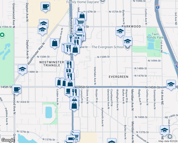 map of restaurants, bars, coffee shops, grocery stores, and more near 14801 Interlake Avenue North in Shoreline