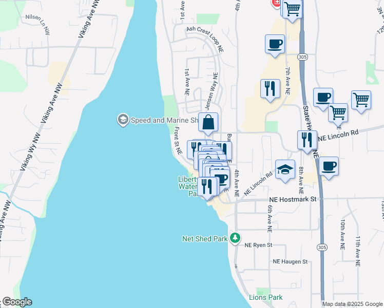 map of restaurants, bars, coffee shops, grocery stores, and more near 19065 Jensen Way Northeast in Poulsbo