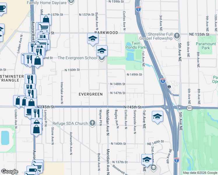 map of restaurants, bars, coffee shops, grocery stores, and more near 14718 Meridian Avenue North in Shoreline