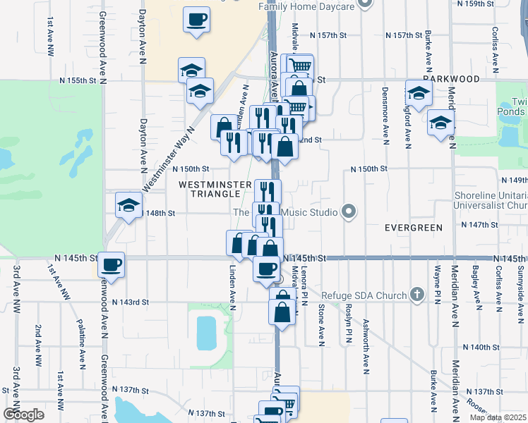 map of restaurants, bars, coffee shops, grocery stores, and more near 14739 Aurora Avenue North in Shoreline