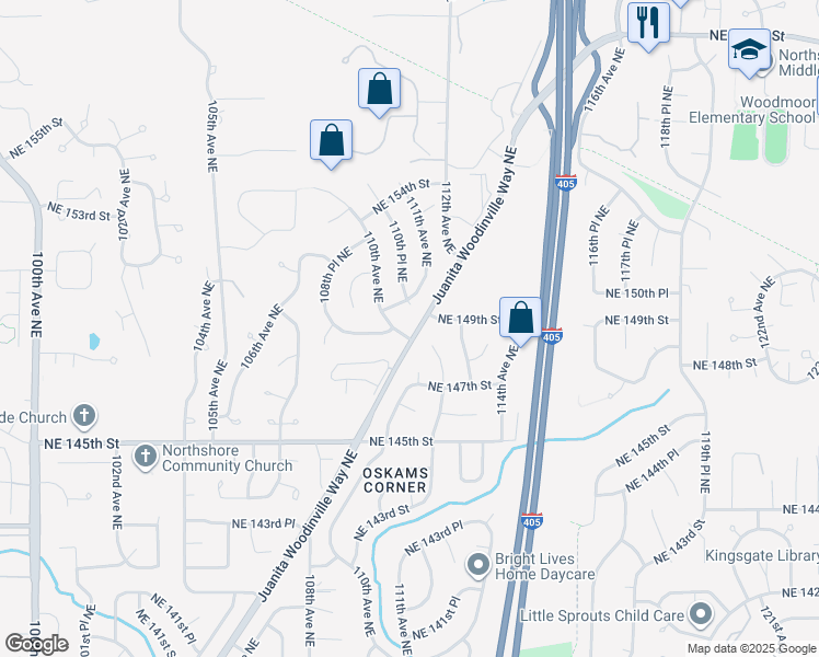 map of restaurants, bars, coffee shops, grocery stores, and more near 11012 Northeast 149th Street in Bothell
