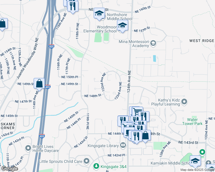 map of restaurants, bars, coffee shops, grocery stores, and more near 12209 Northeast 149th Street in Kirkland