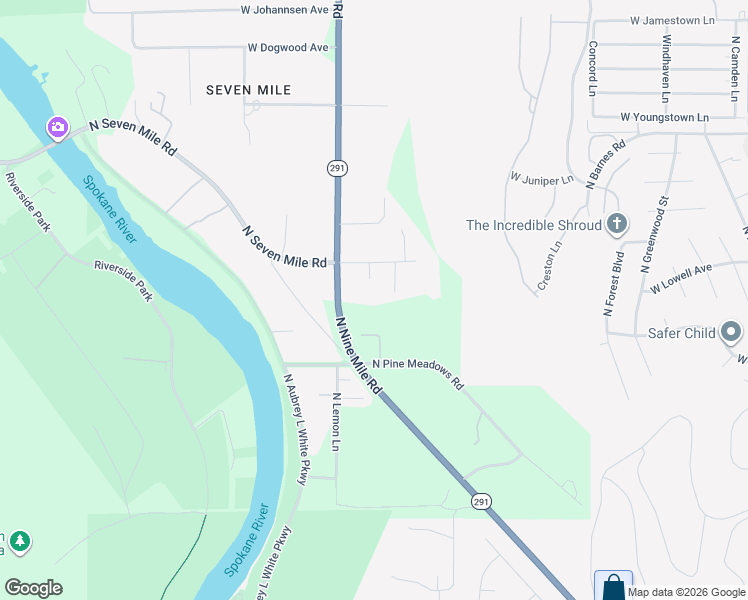 map of restaurants, bars, coffee shops, grocery stores, and more near 8526 North Nine Mile Road in Nine Mile Falls