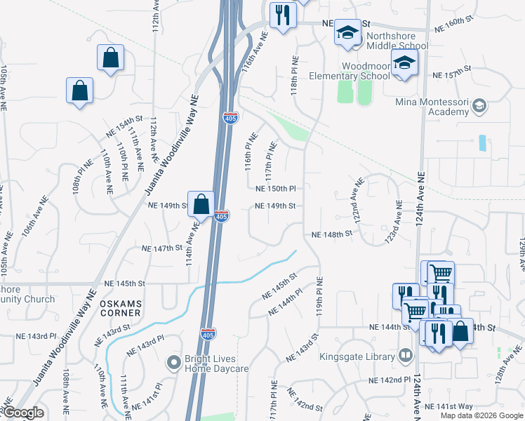 map of restaurants, bars, coffee shops, grocery stores, and more near 11621 Northeast 149th Street in Kirkland