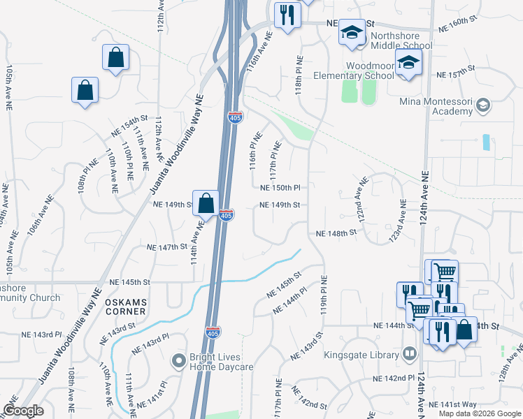 map of restaurants, bars, coffee shops, grocery stores, and more near 11621 Northeast 149th Street in Kirkland