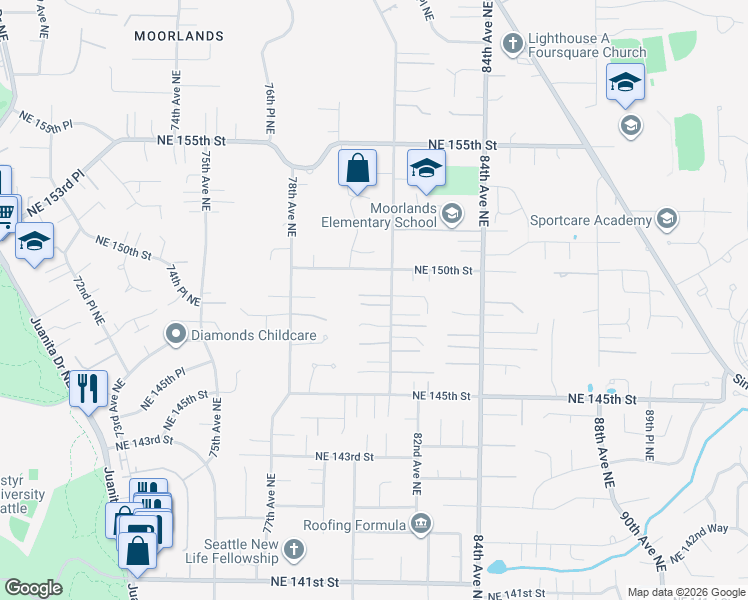 map of restaurants, bars, coffee shops, grocery stores, and more near 8026 Northeast 148th Lane in Kenmore