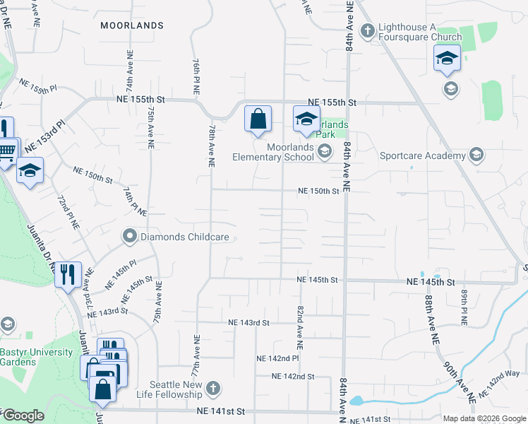 map of restaurants, bars, coffee shops, grocery stores, and more near 8026 Northeast 148th Lane in Kenmore