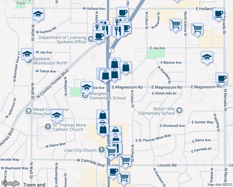 map of restaurants, bars, coffee shops, grocery stores, and more near 20 East Pineridge Court in Spokane