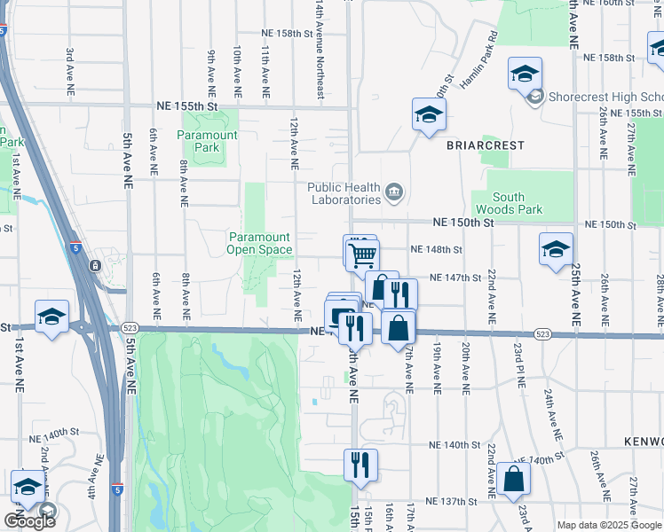 map of restaurants, bars, coffee shops, grocery stores, and more near 1219 Northeast 148th Street in Shoreline