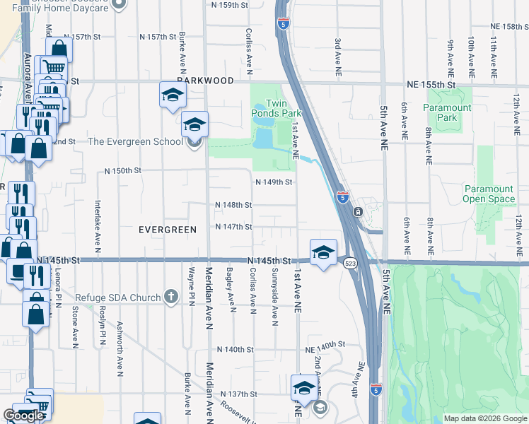 map of restaurants, bars, coffee shops, grocery stores, and more near 2317 North 148th Street in Shoreline