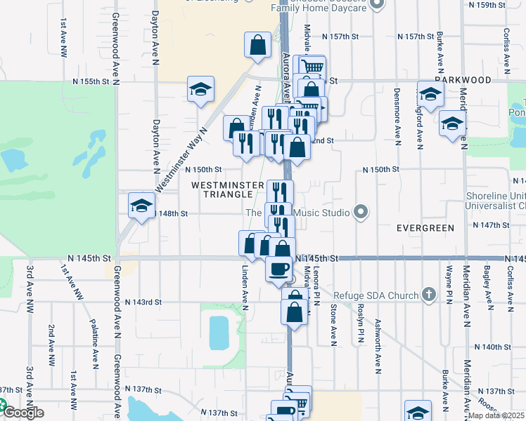 map of restaurants, bars, coffee shops, grocery stores, and more near 14739 Aurora Avenue North in Shoreline