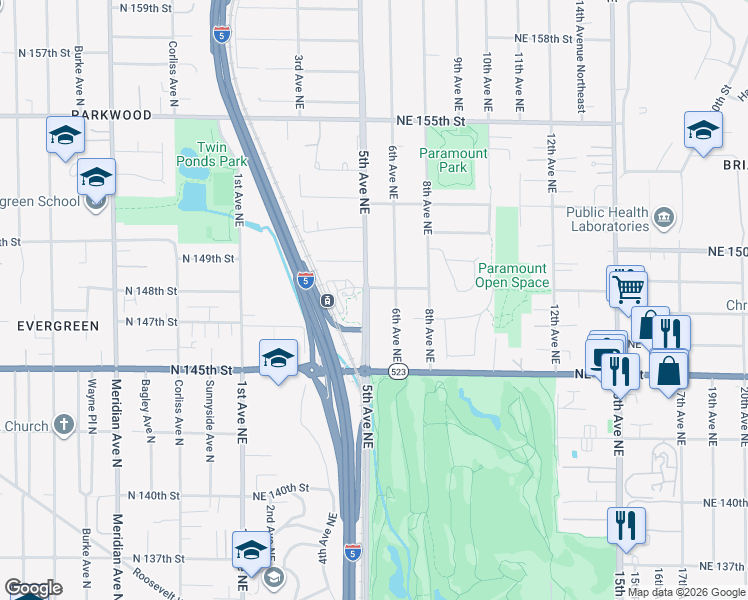 map of restaurants, bars, coffee shops, grocery stores, and more near 14574 5th Avenue Northeast in Shoreline