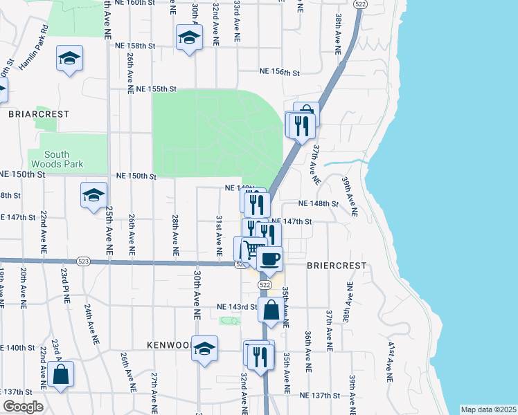 map of restaurants, bars, coffee shops, grocery stores, and more near 14712 Washington 522 in Lake Forest Park