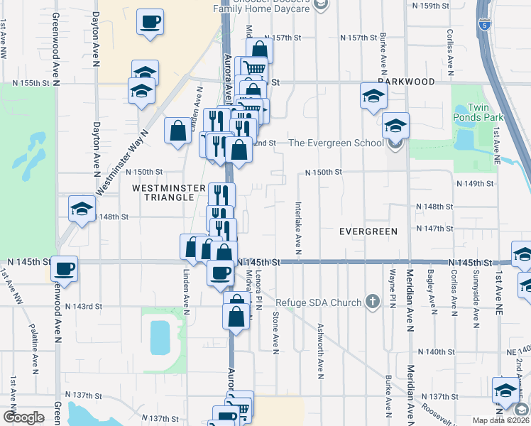 map of restaurants, bars, coffee shops, grocery stores, and more near 1217 North 148th Place in Shoreline