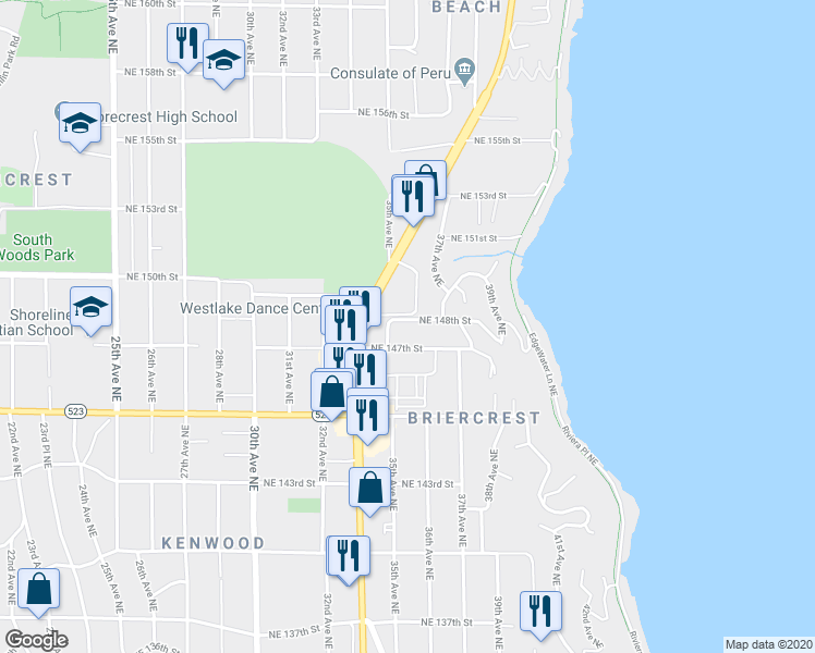 map of restaurants, bars, coffee shops, grocery stores, and more near 3517 Northeast 148th Street in Lake Forest Park