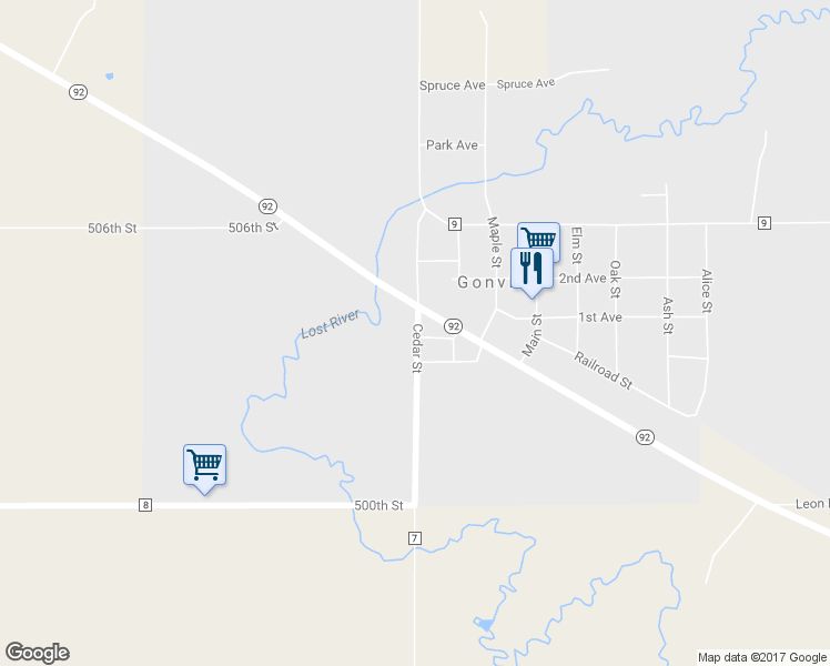 map of restaurants, bars, coffee shops, grocery stores, and more near 157 Cedar Street in Gonvick