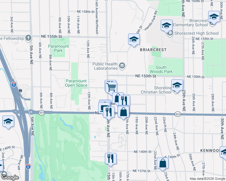 map of restaurants, bars, coffee shops, grocery stores, and more near 1528 Northeast 147th Street in Shoreline
