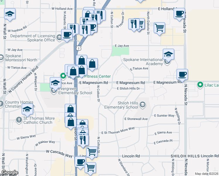 map of restaurants, bars, coffee shops, grocery stores, and more near 8613 North Hill N Dale Street in Spokane