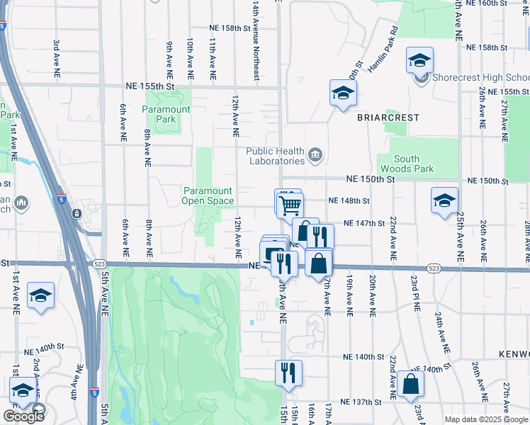 map of restaurants, bars, coffee shops, grocery stores, and more near 1219 Northeast 148th Street in Shoreline