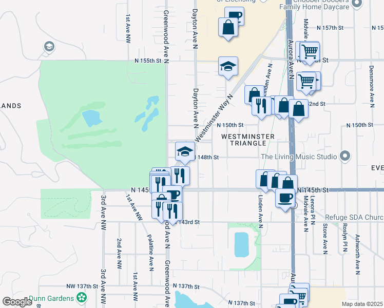 map of restaurants, bars, coffee shops, grocery stores, and more near 346A North 148th Street in Shoreline