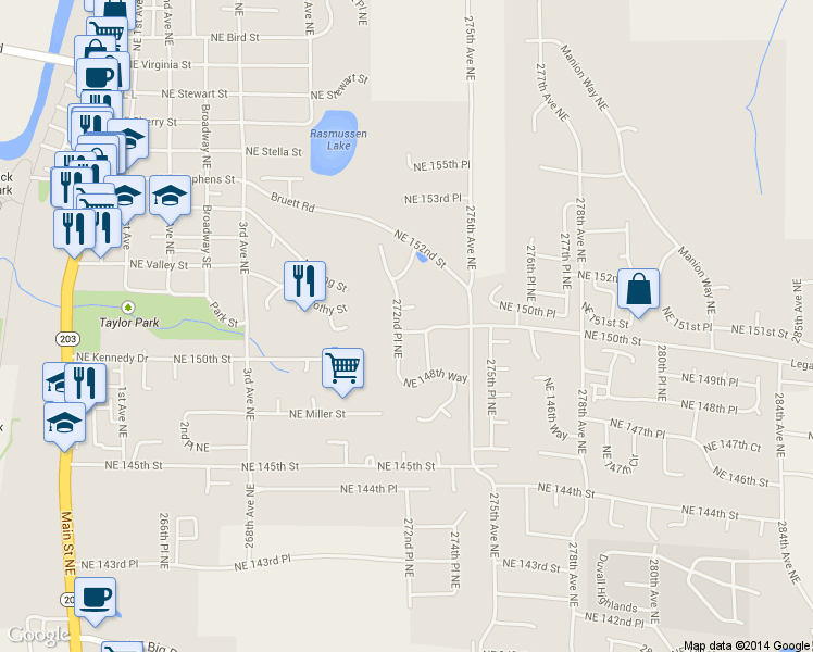 map of restaurants, bars, coffee shops, grocery stores, and more near 27220 Northeast 150th Street in Duvall