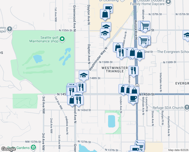 map of restaurants, bars, coffee shops, grocery stores, and more near 516 North 148th Street in Shoreline