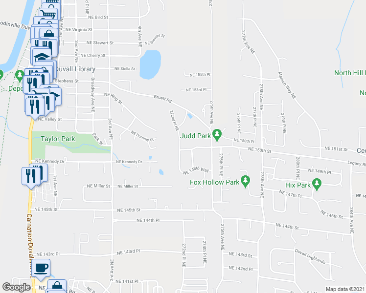 map of restaurants, bars, coffee shops, grocery stores, and more near 27220 Northeast 150th Street in Duvall