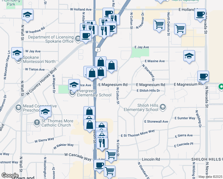 map of restaurants, bars, coffee shops, grocery stores, and more near 50 East Pineridge Court in Spokane