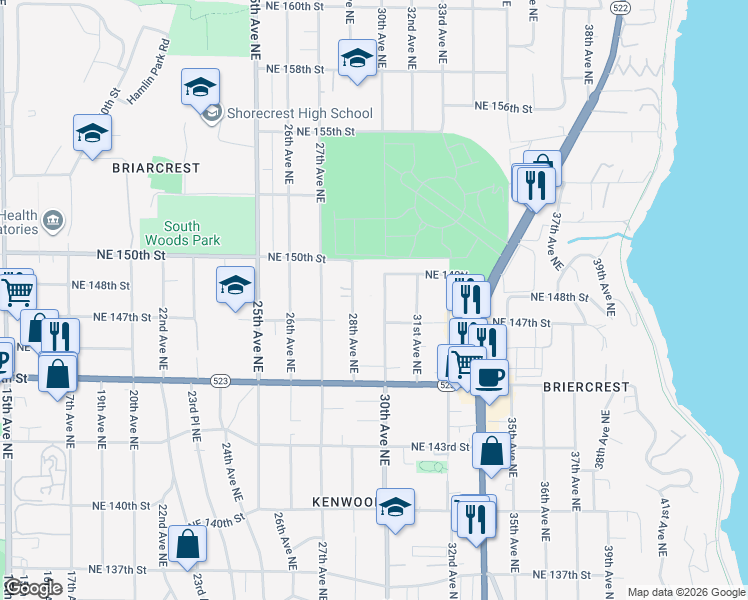 map of restaurants, bars, coffee shops, grocery stores, and more near 14714 30th Avenue Northeast in Shoreline