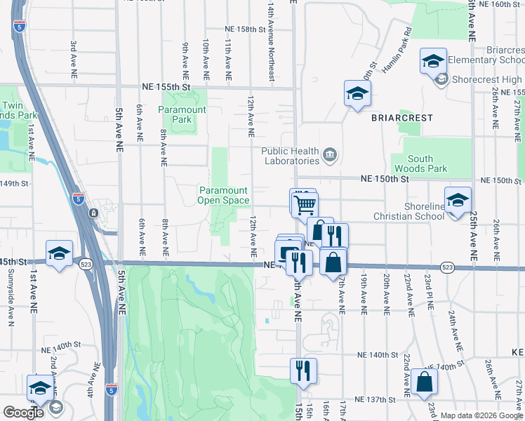 map of restaurants, bars, coffee shops, grocery stores, and more near 1219 Northeast 148th Street in Shoreline