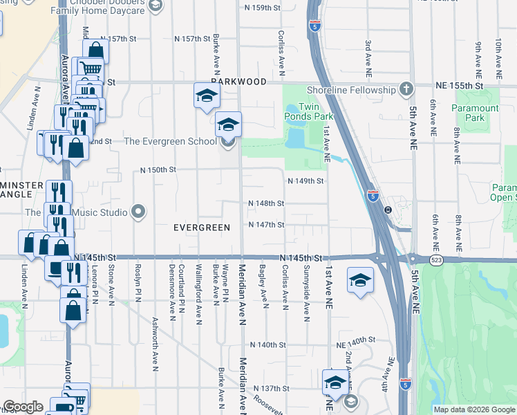 map of restaurants, bars, coffee shops, grocery stores, and more near 14718 Meridian Avenue North in Shoreline