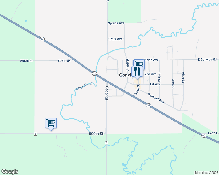 map of restaurants, bars, coffee shops, grocery stores, and more near 157 Cedar Street in Gonvick