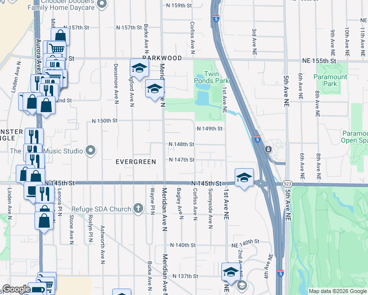 map of restaurants, bars, coffee shops, grocery stores, and more near 2139 North 148th Street in Shoreline