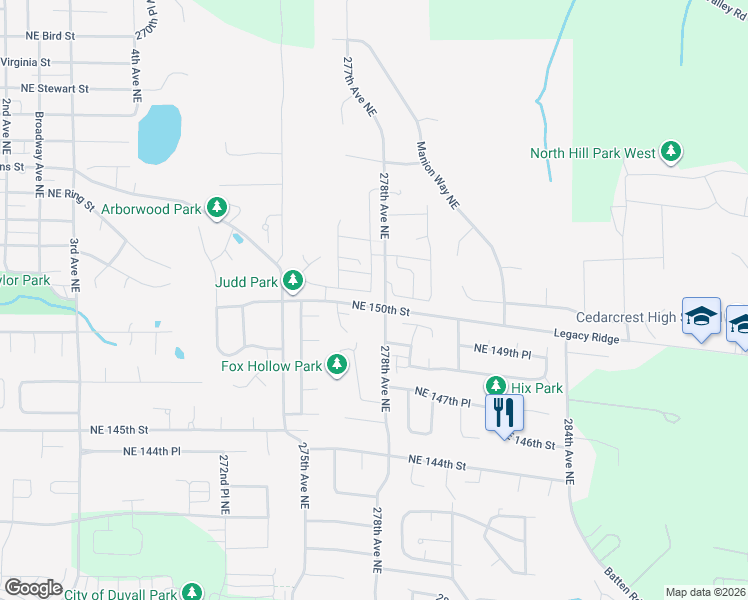 map of restaurants, bars, coffee shops, grocery stores, and more near 27721 Northeast 150th Place in Duvall