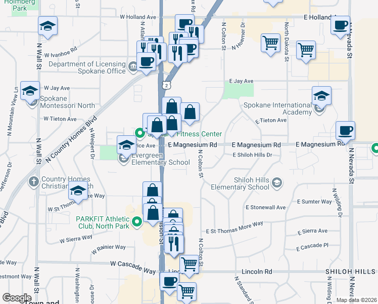map of restaurants, bars, coffee shops, grocery stores, and more near 8604 North Mayfair Street in Spokane