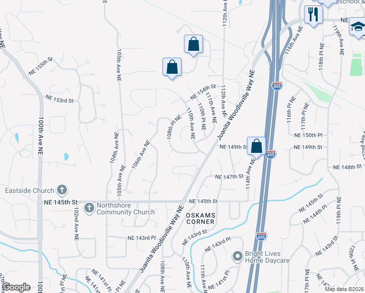 map of restaurants, bars, coffee shops, grocery stores, and more near 10805 Northeast 149th Street in Bothell