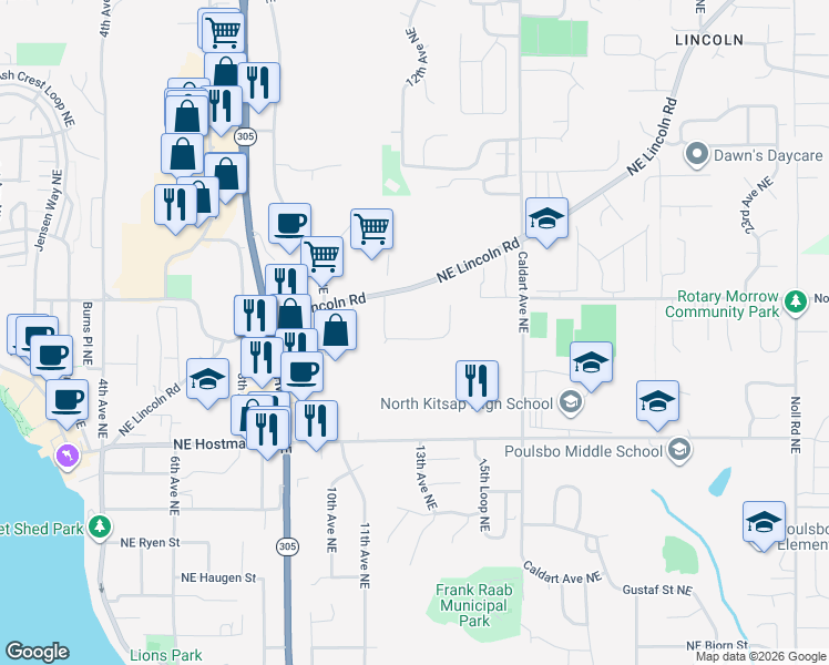 map of restaurants, bars, coffee shops, grocery stores, and more near 1260 Northeast Gilmax Lane in Poulsbo