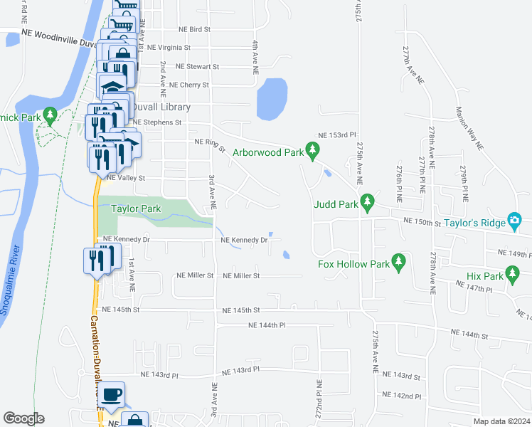 map of restaurants, bars, coffee shops, grocery stores, and more near 27020 Northeast Kennedy Drive in Duvall