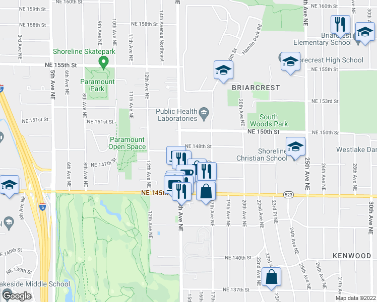 map of restaurants, bars, coffee shops, grocery stores, and more near 1515 Northeast 148th Street in Seattle