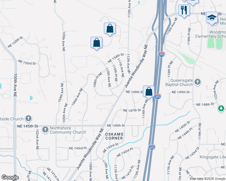 map of restaurants, bars, coffee shops, grocery stores, and more near 10834 Northeast 149th Street in Bothell