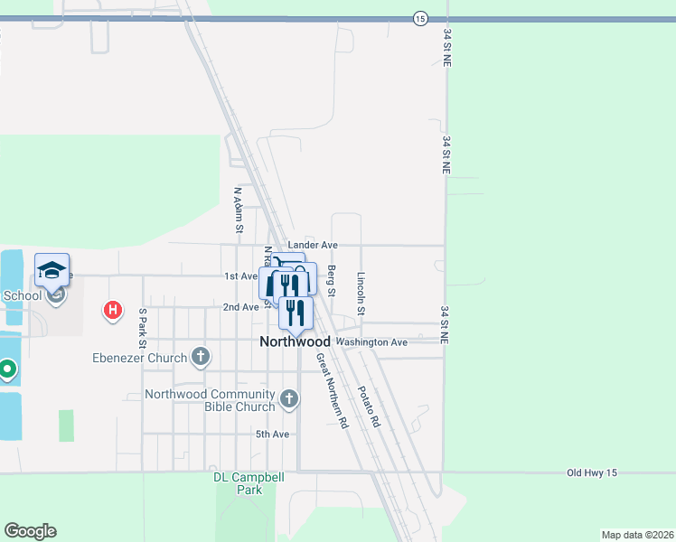 map of restaurants, bars, coffee shops, grocery stores, and more near 203 Berg Street in Northwood