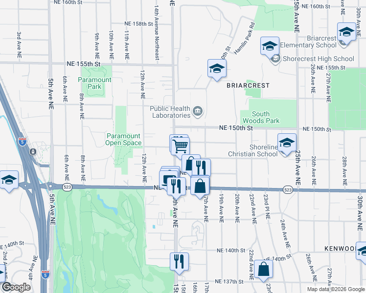 map of restaurants, bars, coffee shops, grocery stores, and more near 1515 Northeast 148th Street in Shoreline