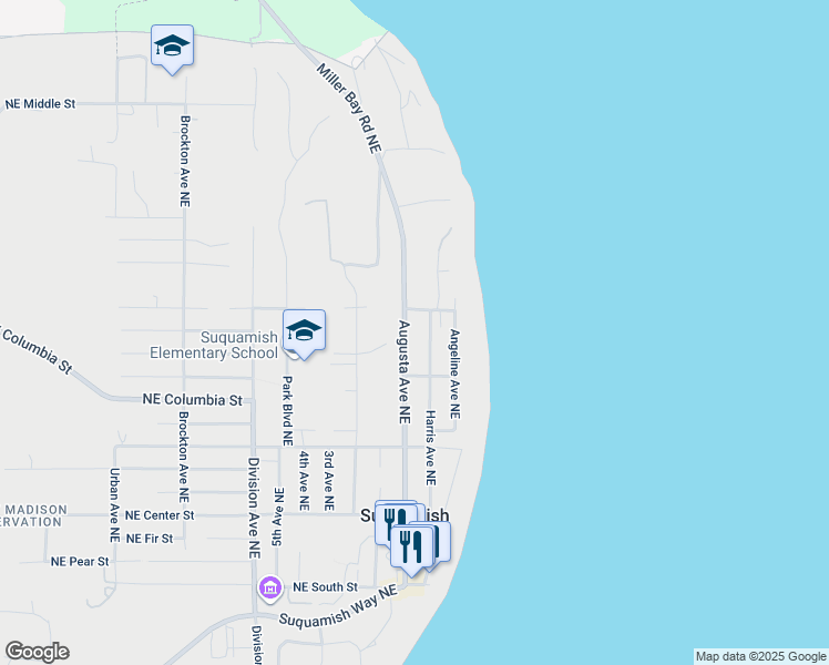 map of restaurants, bars, coffee shops, grocery stores, and more near 19110 Augusta Avenue Northeast in Suquamish