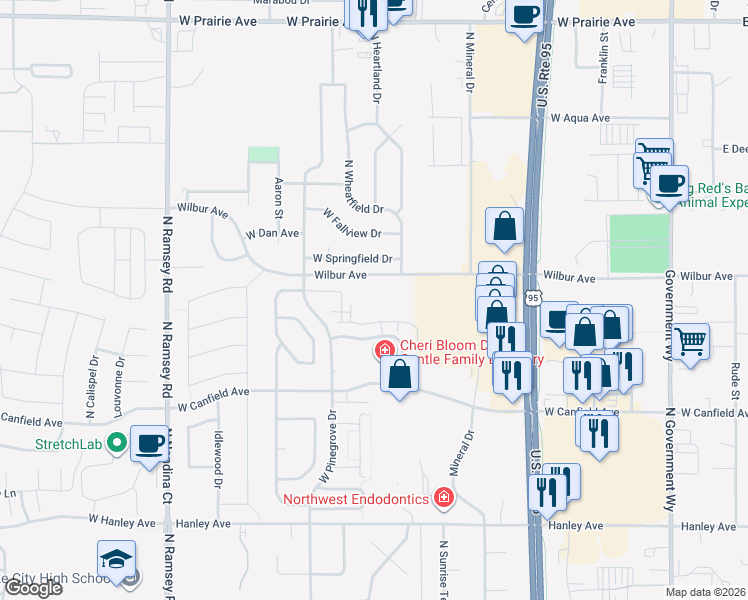 map of restaurants, bars, coffee shops, grocery stores, and more near 698 West Wilbur Avenue in Coeur d'Alene