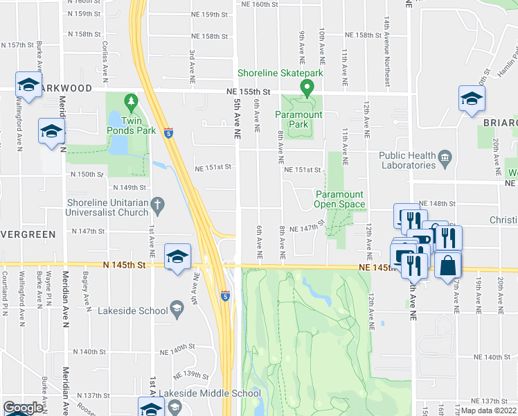 map of restaurants, bars, coffee shops, grocery stores, and more near 6th Avenue Northeast & Northeast 148th Street in Shoreline