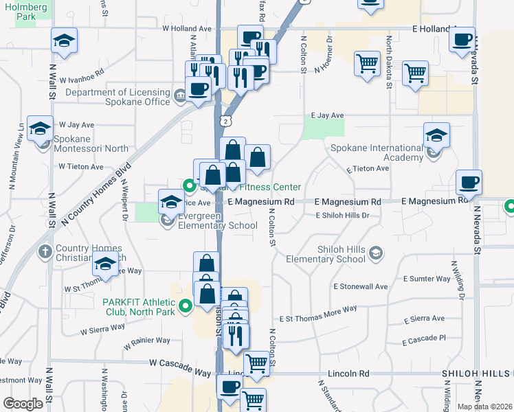 map of restaurants, bars, coffee shops, grocery stores, and more near 8618 North Mayfair Street in Spokane