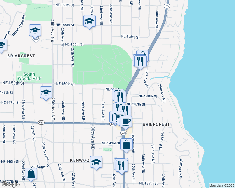 map of restaurants, bars, coffee shops, grocery stores, and more near 14710 32nd Avenue Northeast in Shoreline